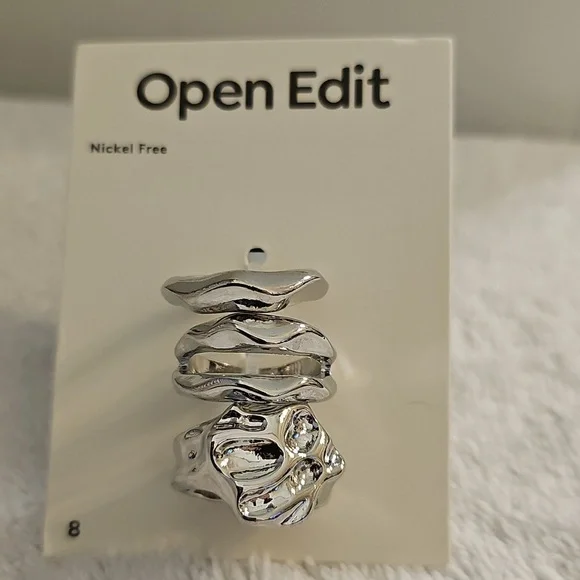 NWT Open Edit Set Of 3 Molten Rhodiun Rings Size 8 Silver - Picture 1 of 12